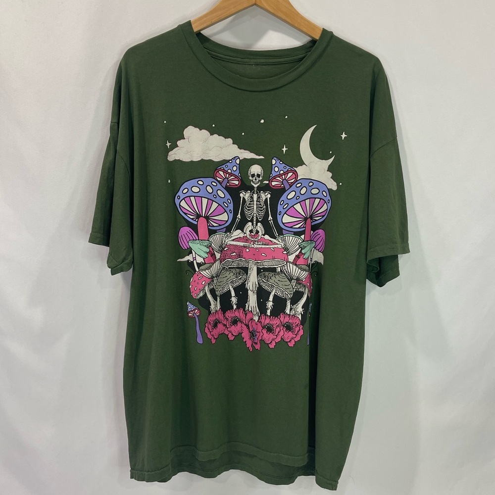 Green Graphic Mushroom & Skeleton Tee